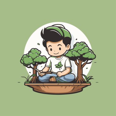 Yeşil arka planda bir sepetin içinde bahçeyle uğraşan bir çocuğun resmi.