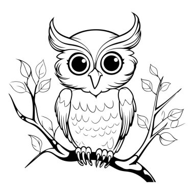 Ağaç dalında baykuş. Yetişkinler için boyama kitabı. Siyah ve beyaz vektör çizimi.