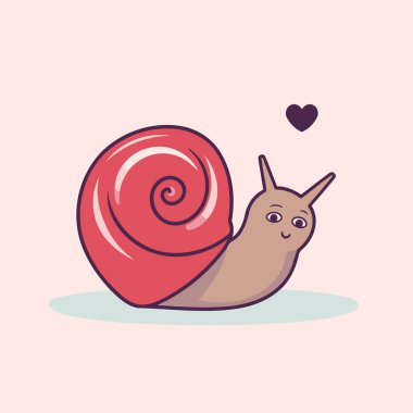 Yürekli sevimli çizgi film salyangozu. Düz bir şekilde vektör illüstrasyonu.