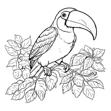 Yapraklı bir dalda oturan bir Toucan. Vektör illüstrasyonu.
