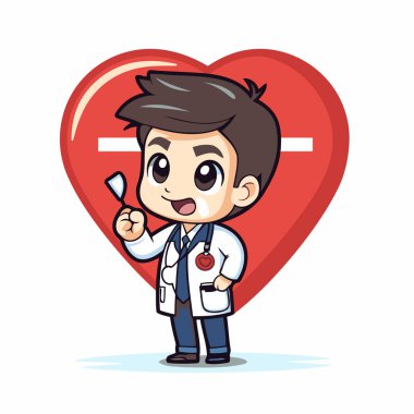 Steteskopu ve kırmızı kalbi olan sevimli bir doktor. Vektör illüstrasyonu.