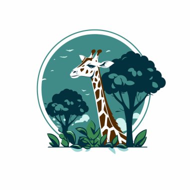 Ormandaki zürafa. Düz biçimli vektör illüstrasyonu.