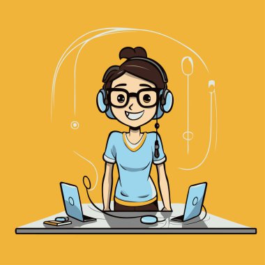Kulaklıklı ve dizüstü bilgisayarı sarı arka planda olan kadın. Renkli tasarım. vektör illüstrasyonu