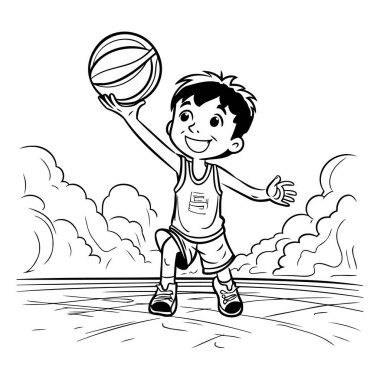 Basketbol oynayan bir çocuk. Boyama kitabı için siyah ve beyaz vektör çizimi.