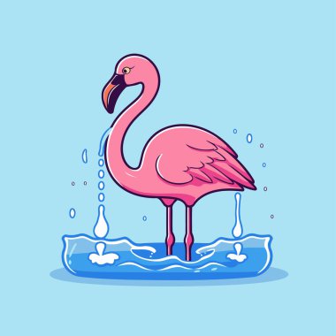 Suda pembe flamingo. Düz biçimli vektör illüstrasyonu.