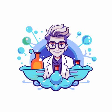 Kimyasal matarası ve deney tüpü olan bir bilim adamı. Çizgi film tarzında vektör illüstrasyonu