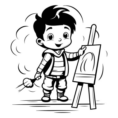 Easel 'de Boyama Kitabı İçin Resim Yapan Siyah ve Beyaz Çizgi Film Çizimi