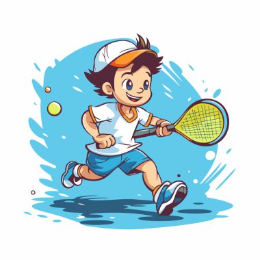 Çizgi filmci çocuk tenis oynuyor. Tenis oynayan bir çocuğun vektör illüstrasyonu.