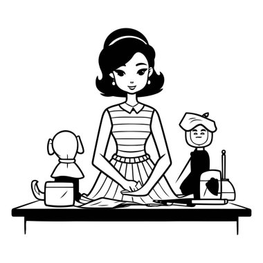 Retro kadın oğlu vektör çizim tasarımıyla masada oturuyor.