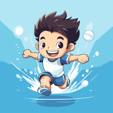 Mavi arka planda voleybol oynayan bir çocuğun çizimi