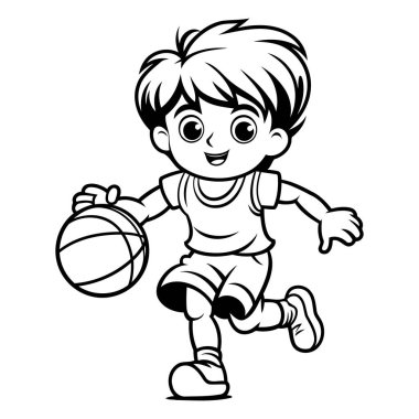 Basketbol oynayan sevimli çocuk - boyama kitabı için siyah-beyaz vektör çizimi