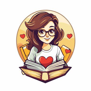 Arka planda kalbi olan bir kitap okuyan bir kızın vektör çizimi
