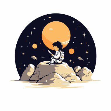 Astronot ay ışığında bir kayanın üzerinde oturuyor. Vektör illüstrasyonu.