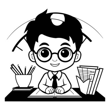 Okul gereçleri karikatür vektör çizimi grafik tasarımı ile sevimli küçük öğrenci çocuk