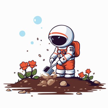 Yerde kürekle gezen bir astronot. Çizgi film vektör illüstrasyonu.