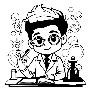 Laboratuvar önlüğü ve gözlüklü bir bilim adamının vektör çizimi..