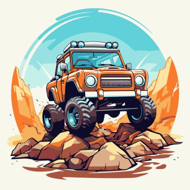 Dağlardaki off-road aracı. Vektör çizimi. Çizgi film biçimi.