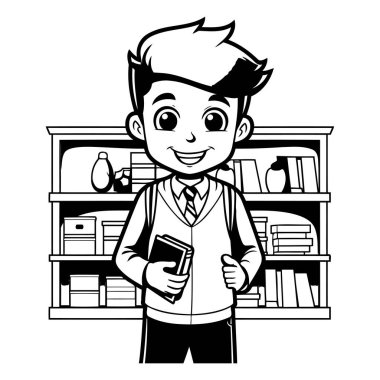 Kitap rafı ve akıllı telefon vektör resimli grafik tasarımı olan okul çocuğu çizgi filmi