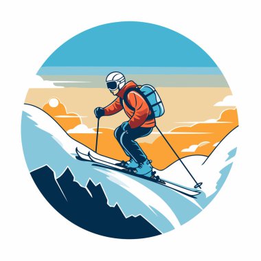 Dağlarda kayak yapmak. Retro biçiminde vektör illüstrasyonu.