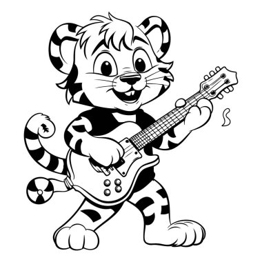 Tiger gitar çalıyor. Siyah ve Beyaz Çizgi Film İllüstrasyonu. Vektör