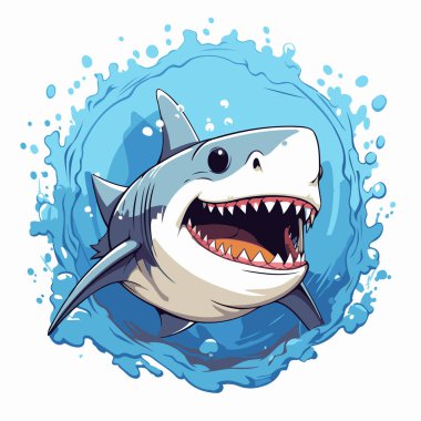 Ağzı açık köpek balığı ve suda dişleri var. Vektör illüstrasyonu.