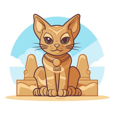 Taşın üzerinde oturan sevimli kedi. Çizgi film tarzında vektör illüstrasyonu.