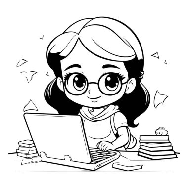 Dizüstü bilgisayar kullanan bir kızın vektör çizimi. Çocuklar için boyama kitabı.
