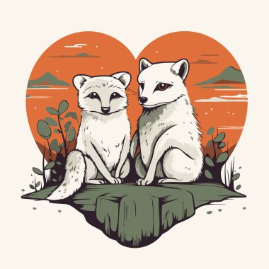 Kalp şeklinde şirin tilki ve rakun. Vektör illüstrasyonu.