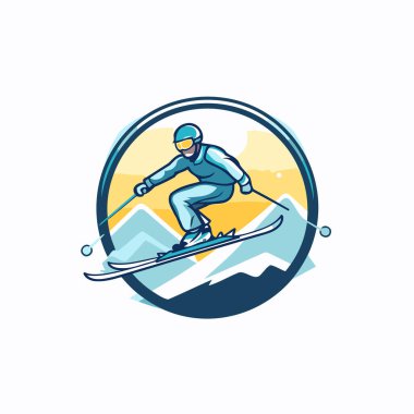 Kayak logosu. Dağlarda atlayan bir kayakçının vektör çizimi.