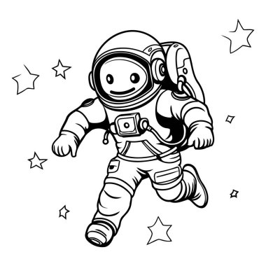 Astronot uzayda. Boyama kitabı için siyah ve beyaz vektör çizim.