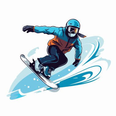 Snowboard sporcusu snowboard 'a atlıyor. Ekstrem spor vektörü illüstrasyonu