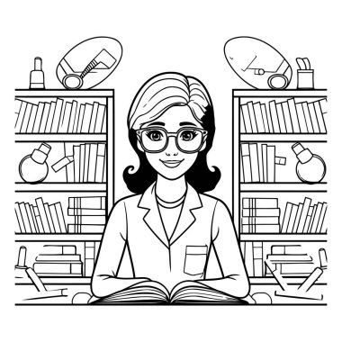 Kitaplıktaki genç bayan öğretmen vektör illüstrasyon tasarımı kitaplarıyla