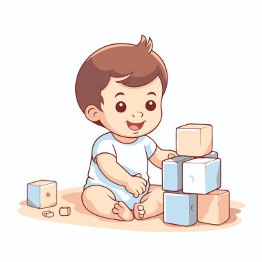 Tahta küplerle oynayan tatlı bir erkek bebek. Vektör illüstrasyonu.