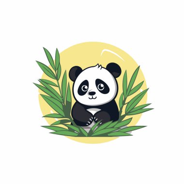 Bambu yapraklarının üzerinde oturan sevimli panda. Vektör illüstrasyonu.