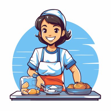 Önlüklü kız mutfakta ekmek pişiriyor. Vektör illüstrasyonu.