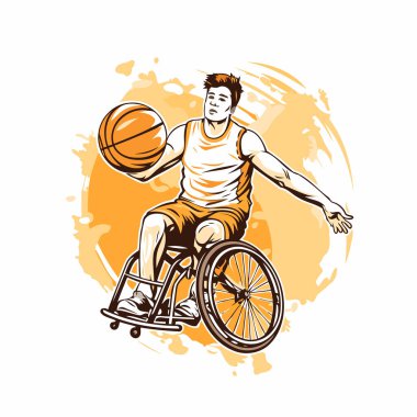 Tekerlekli sandalyedeki engelli adam basketbol oynuyor. Vektör illüstrasyonu.