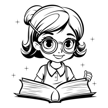 Tatlı Kız Öğrenci Okuma Kitabı - Siyah ve Beyaz Çizgi Film İllüstrasyonu. Vektör