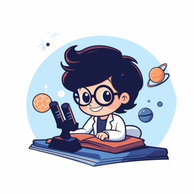 Şirin çizgi film fen öğrencisi. Düz bir şekilde vektör illüstrasyonu.