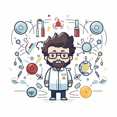 Laboratuvar önlüğü ve gözlüklü bilim adamı. Vektör doğrusal illüstrasyon.