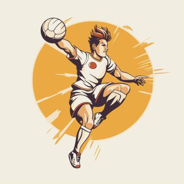 Top oynayan bir futbolcu. Retro biçiminde vektör illüstrasyonu.