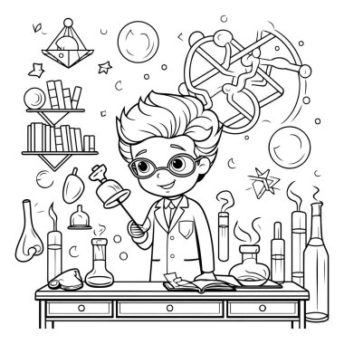 Laboratuvardaki bilim adamı. Boyama kitabı için siyah ve beyaz vektör çizimi.