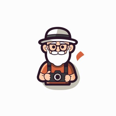 Yaşlı Adam Fotoğrafçı Maskot Karakteri Tasarım Vektörü İllüstrasyonu.