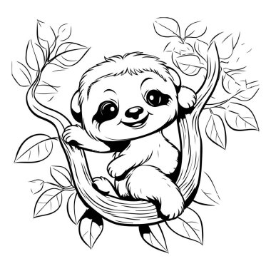 Ağaçtaki şirin çizgi film tembelliği. Siyah ve beyaz vektör çizimi.