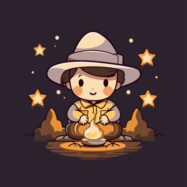 Yıldızlı Gökyüzünde Balkabağıyla Bir Çocuğun Çizimi