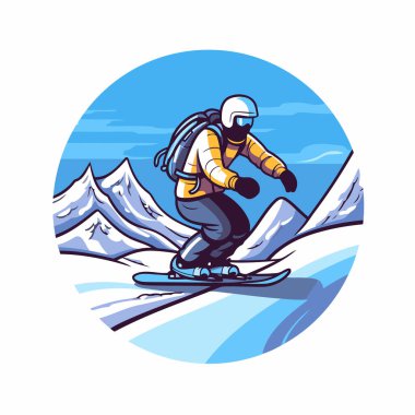 Dağ yamacında snowboardcu. Retro biçiminde vektör illüstrasyonu.