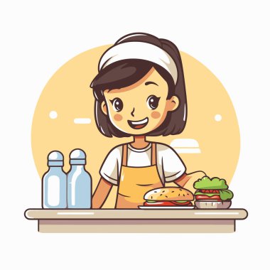 Masasında hamburger olan önlüklü bir kız. Vektör illüstrasyonu