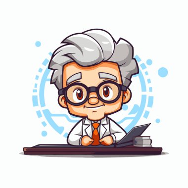 Bilgisayarda çalışan karikatür bilim adamının vektör çizimi. Beyaz arkaplanda izole.