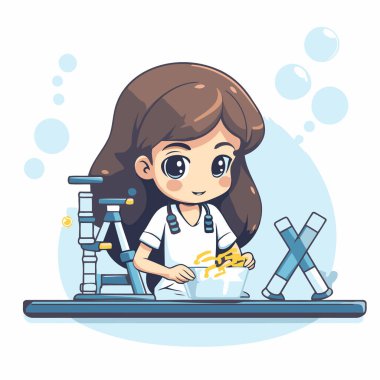 Küçük kız mutfakta ev işi yapıyor. Şirin çizgi film vektör illüstrasyonu.