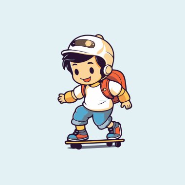 Çizgi film çocuğu kaykaya biniyor. Kaykay süren bir çocuğun vektör çizimi.