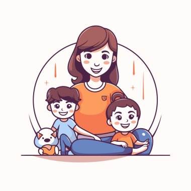 Çocuklarına hamile bir kadın. Çizgi film tarzında vektör illüstrasyonu.